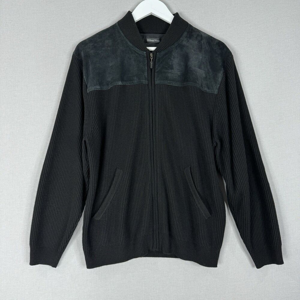 Pendleton‎ Mens Jacket Medium Black Wool Rib Knit Suede Leather Elbow Patch Y2K